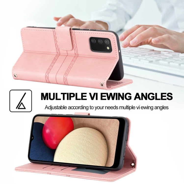 For Samsung Galaxy A03s 166mm Embossed Striped Magnetic Buckle PU + TPU Horizontal Flip Leather Case with Holder & Card Slot & Wallet & Photo Frame & Sling