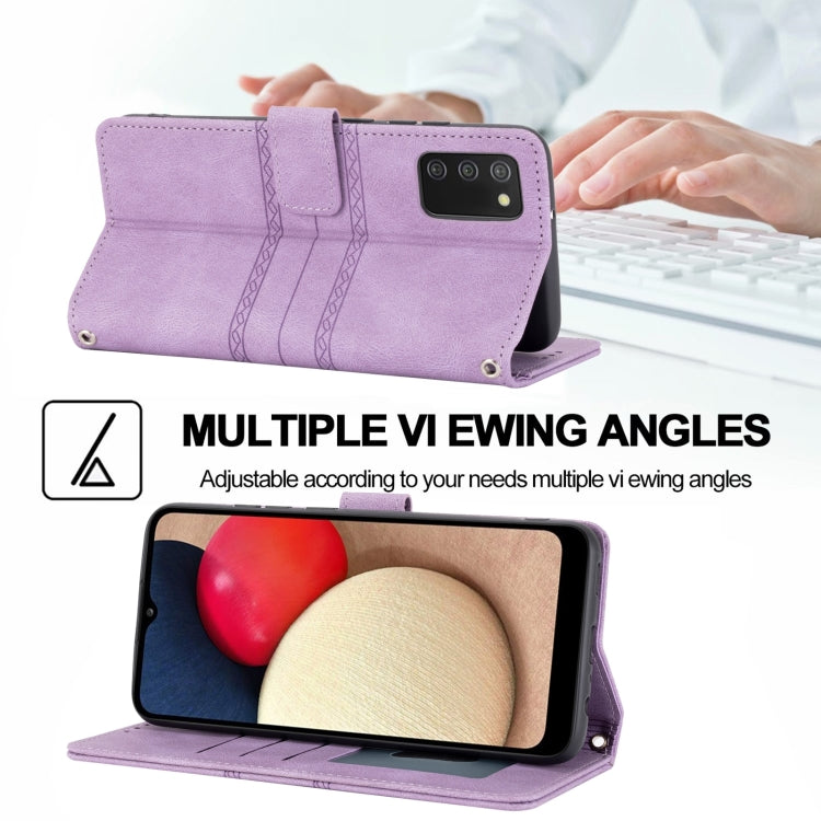 For Samsung Galaxy A03s 166mm Embossed Striped Magnetic Buckle PU + TPU Horizontal Flip Leather Case with Holder & Card Slot & Wallet & Photo Frame & Sling