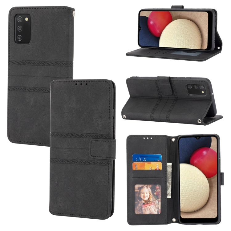For Samsung Galaxy A03s 166mm Embossed Striped Magnetic Buckle PU + TPU Horizontal Flip Leather Case with Holder & Card Slot & Wallet & Photo Frame & Sling