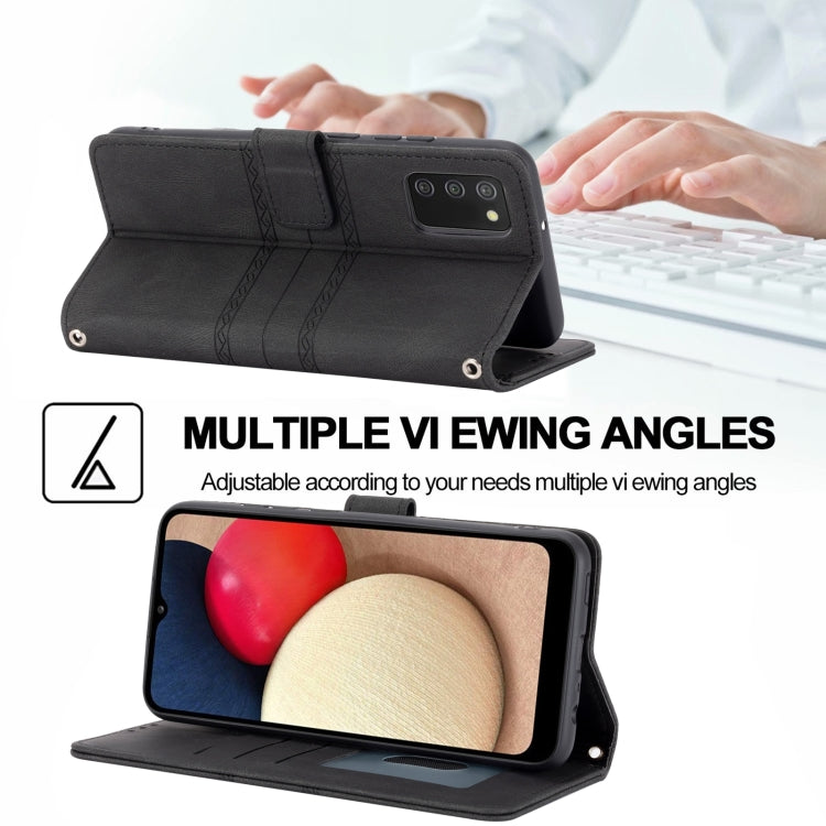 For Samsung Galaxy A03s 166mm Embossed Striped Magnetic Buckle PU + TPU Horizontal Flip Leather Case with Holder & Card Slot & Wallet & Photo Frame & Sling