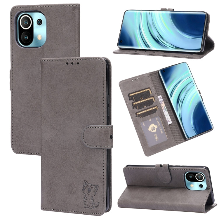 For Xiaomi Mi 11 Embossed Happy Cat Pattern Horizontal Flip Leather Case with Holder & Card Slots & Wallet