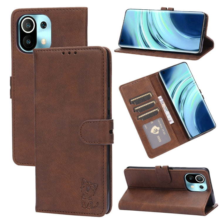 For Xiaomi Mi 11 Embossed Happy Cat Pattern Horizontal Flip Leather Case with Holder & Card Slots & Wallet