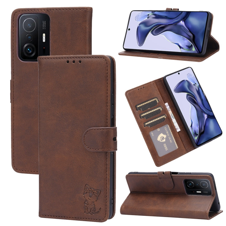 For Xiaomi Mi 11T Embossed Happy Cat Pattern Horizontal Flip Leather Case with Holder & Card Slots & Wallet