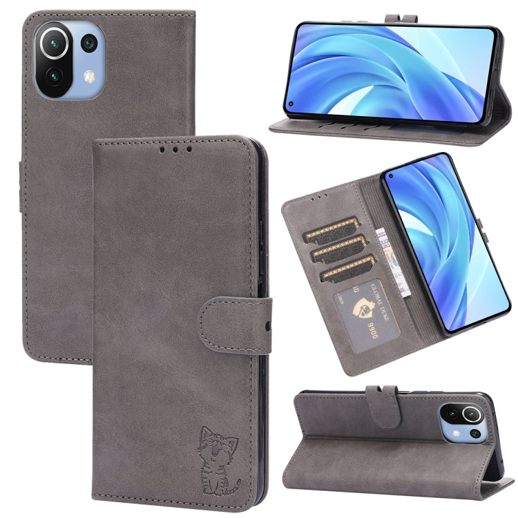For Xiaomi Mi 11 Lite Embossed Happy Cat Pattern Horizontal Flip Leather Case with Holder & Card Slots & Wallet