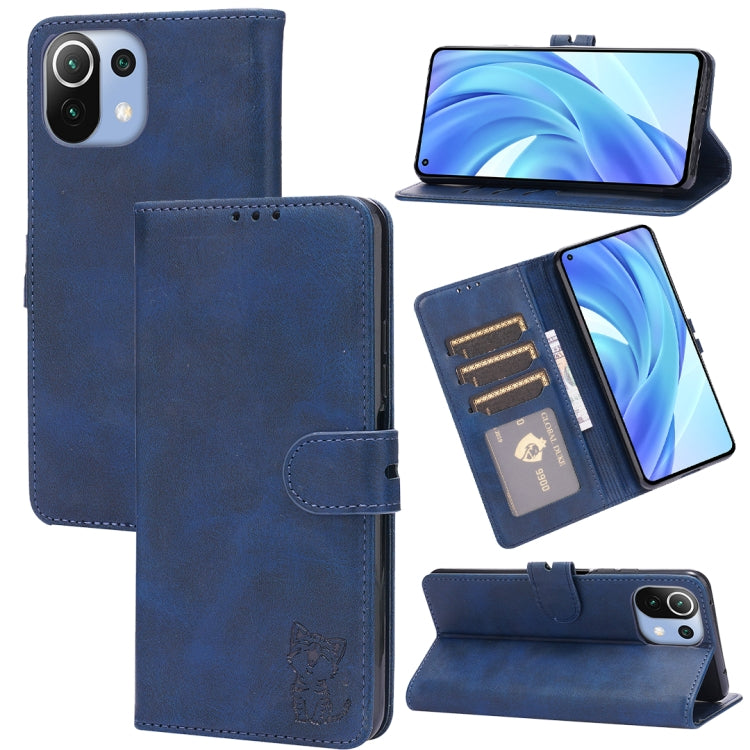 For Xiaomi Mi 11 Lite Embossed Happy Cat Pattern Horizontal Flip Leather Case with Holder & Card Slots & Wallet