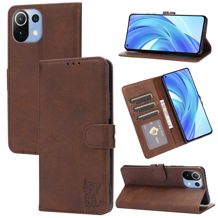 For Xiaomi Mi 11 Lite Embossed Happy Cat Pattern Horizontal Flip Leather Case with Holder & Card Slots & Wallet