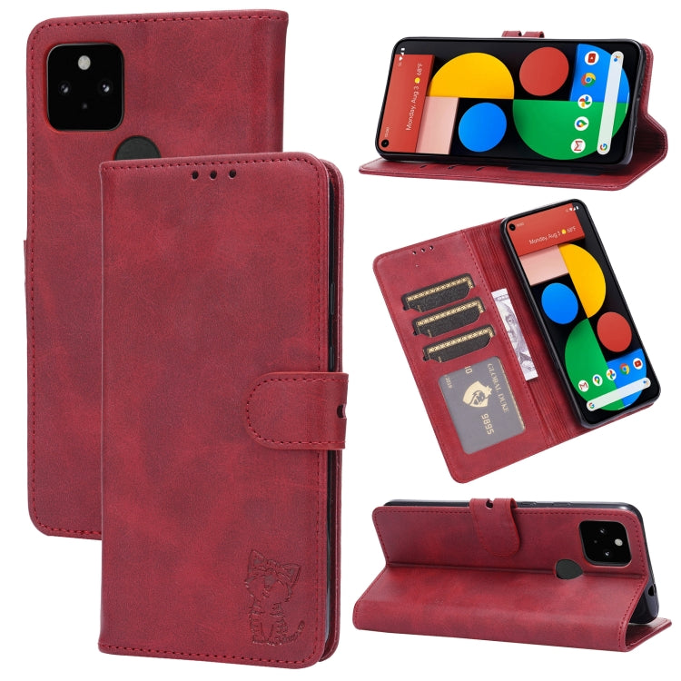 For Google Pixel 5a 5G Embossed Happy Cat Pattern Horizontal Flip Leather Case with Holder & Card Slots & Wallet