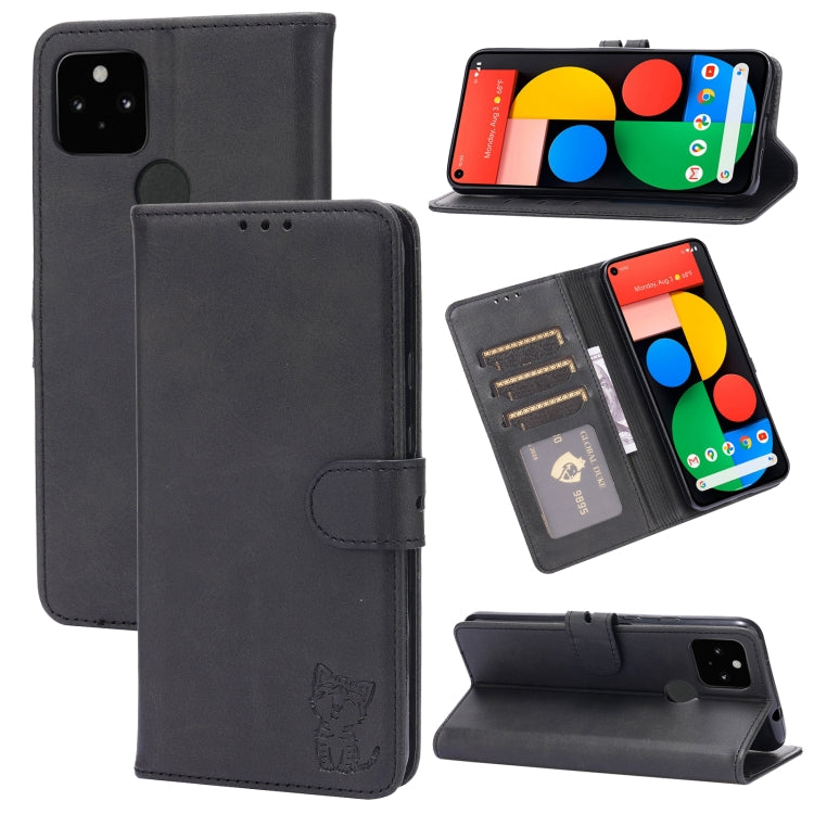 For Google Pixel 5 XL Embossed Happy Cat Pattern Horizontal Flip Leather Case with Holder & Card Slots & Wallet