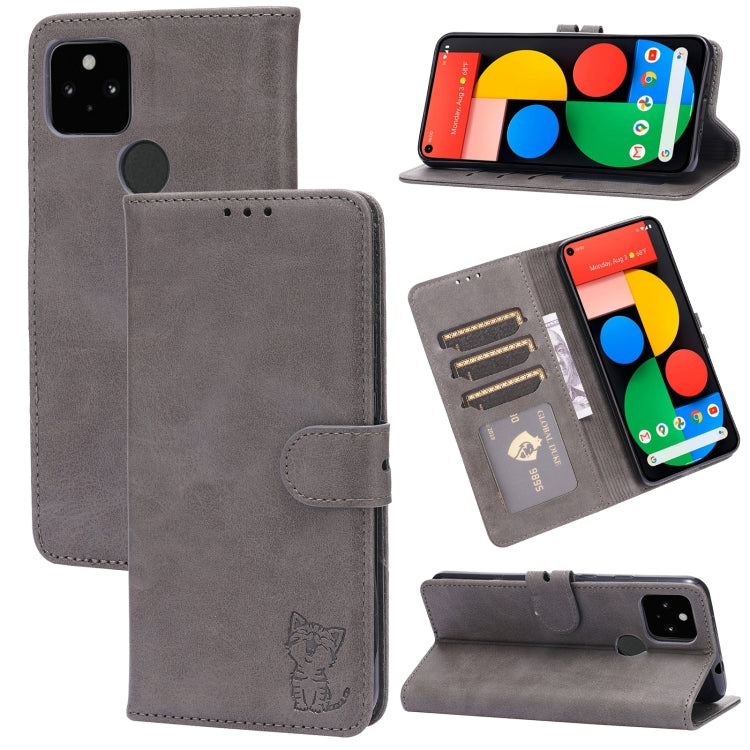 For Google Pixel 5 XL Embossed Happy Cat Pattern Horizontal Flip Leather Case with Holder & Card Slots & Wallet