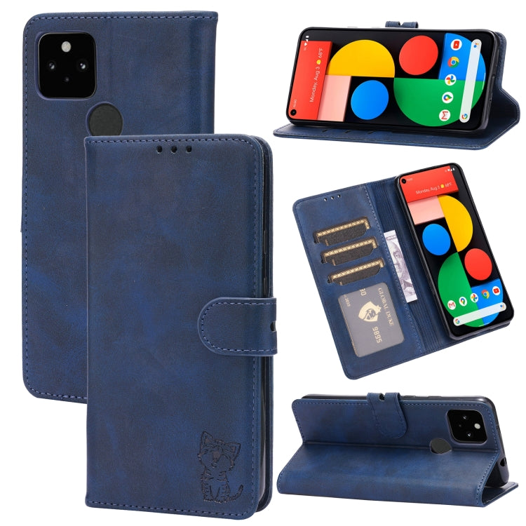For Google Pixel 5 XL Embossed Happy Cat Pattern Horizontal Flip Leather Case with Holder & Card Slots & Wallet