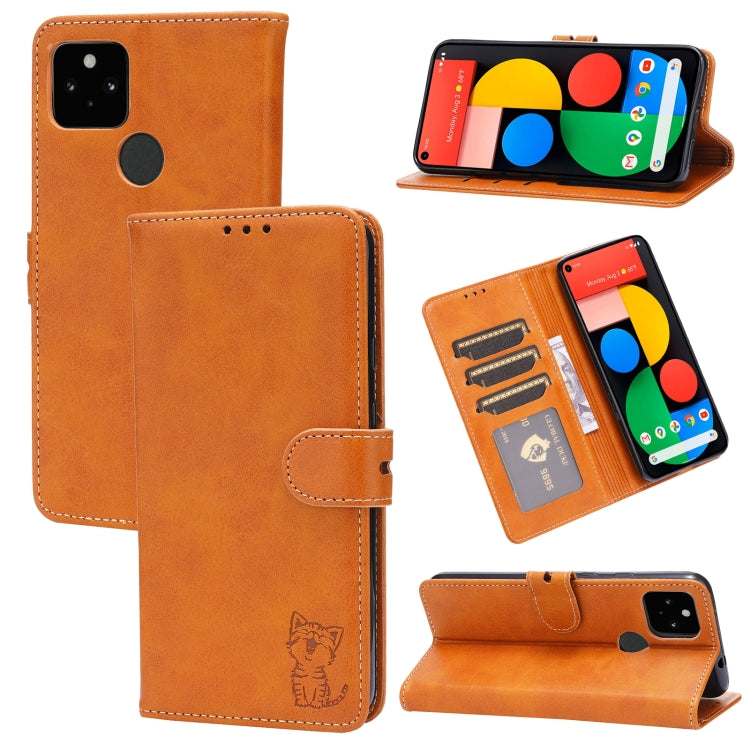 For Google Pixel 5 XL Embossed Happy Cat Pattern Horizontal Flip Leather Case with Holder & Card Slots & Wallet