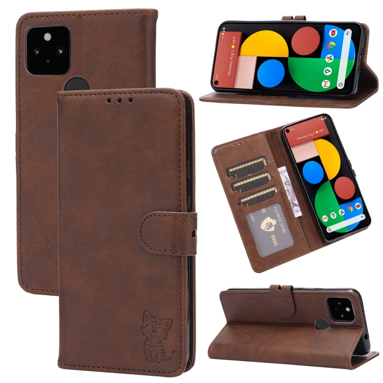 For Google Pixel 5 XL Embossed Happy Cat Pattern Horizontal Flip Leather Case with Holder & Card Slots & Wallet