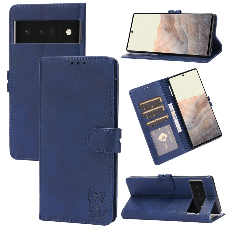 For Google Pixel 6 Embossed Happy Cat Pattern Horizontal Flip Leather Case with Holder & Card Slots & Wallet