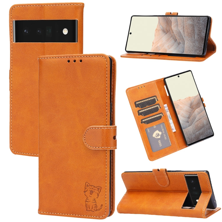 For Google Pixel 6 Embossed Happy Cat Pattern Horizontal Flip Leather Case with Holder & Card Slots & Wallet