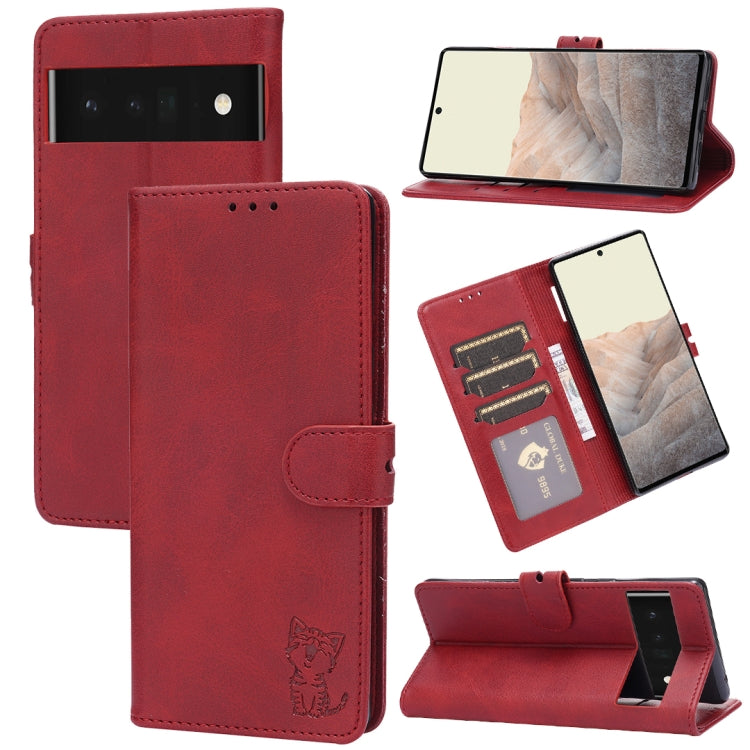For Google Pixel 6 Embossed Happy Cat Pattern Horizontal Flip Leather Case with Holder & Card Slots & Wallet