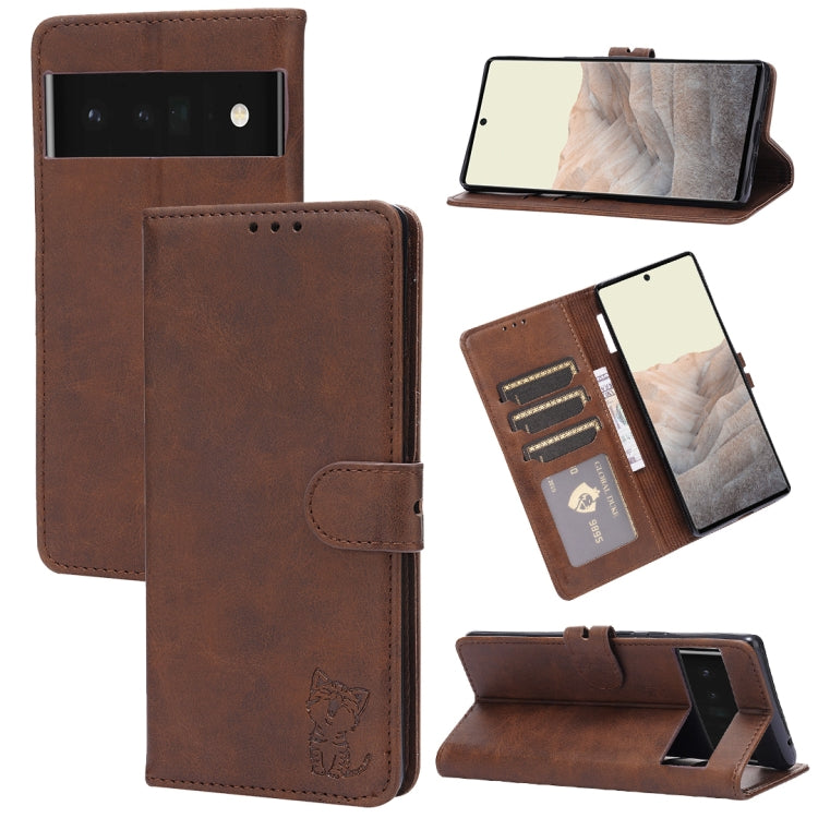 For Google Pixel 6 Embossed Happy Cat Pattern Horizontal Flip Leather Case with Holder & Card Slots & Wallet