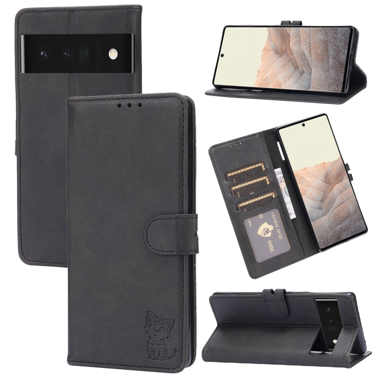 For Google Pixel 6 Pro Embossed Happy Cat Pattern Horizontal Flip Leather Case with Holder & Card Slots & Wallet