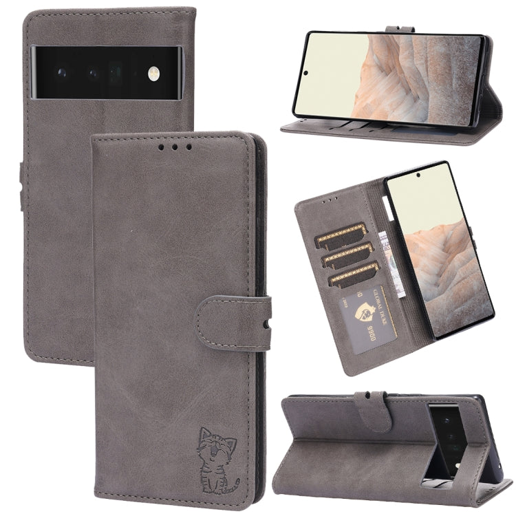 For Google Pixel 6 Pro Embossed Happy Cat Pattern Horizontal Flip Leather Case with Holder & Card Slots & Wallet