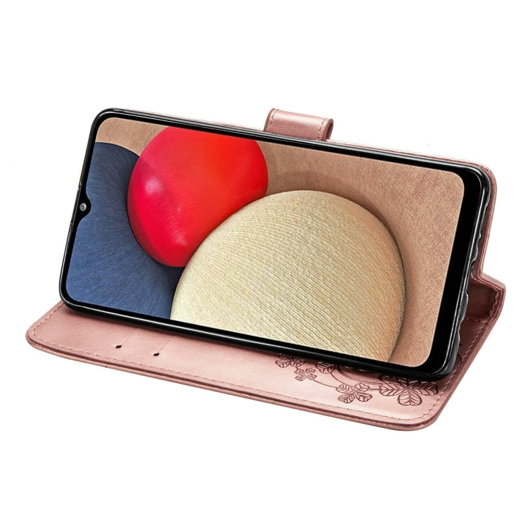 For Samsung Galaxy A03s 166mm Four-leaf Clasp Embossed Leather Case with Lanyard & Card Slot & Wallet & Holder