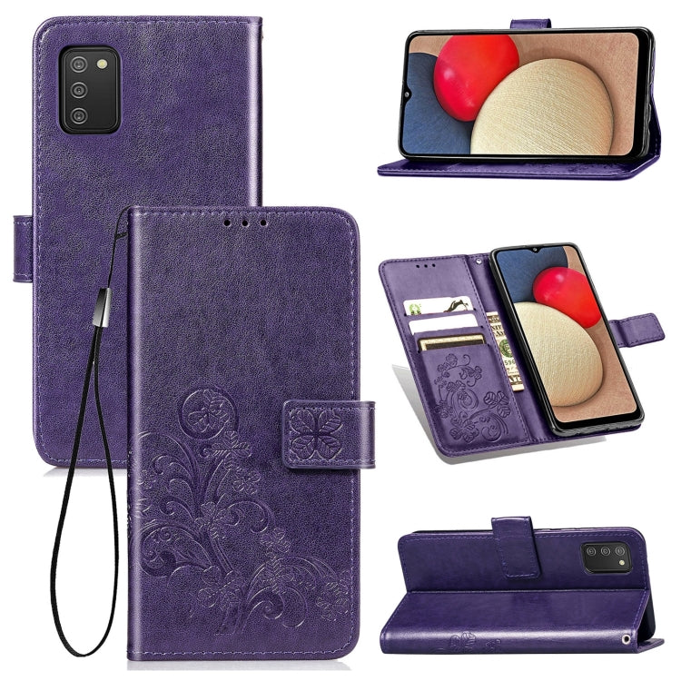 For Samsung Galaxy A03s 166mm Four-leaf Clasp Embossed Leather Case with Lanyard & Card Slot & Wallet & Holder