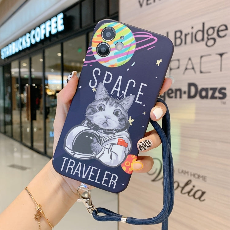 For iPhone 13 Space Cat Pattern IMD Shockproof Protective Case with Lanyard