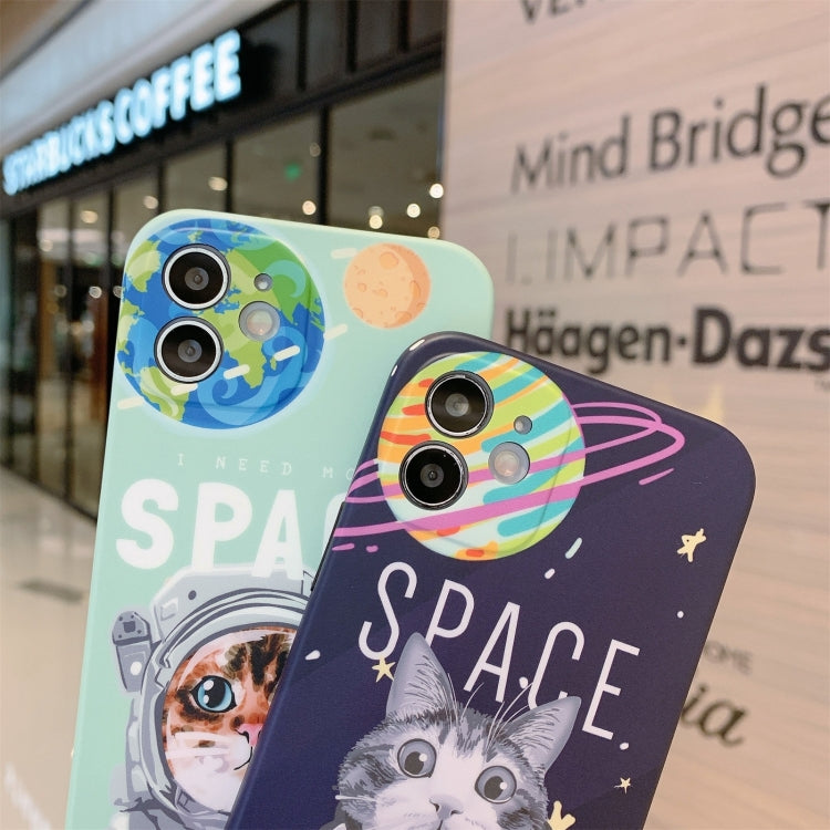 For iPhone 13 Space Cat Pattern IMD Shockproof Protective Case with Lanyard
