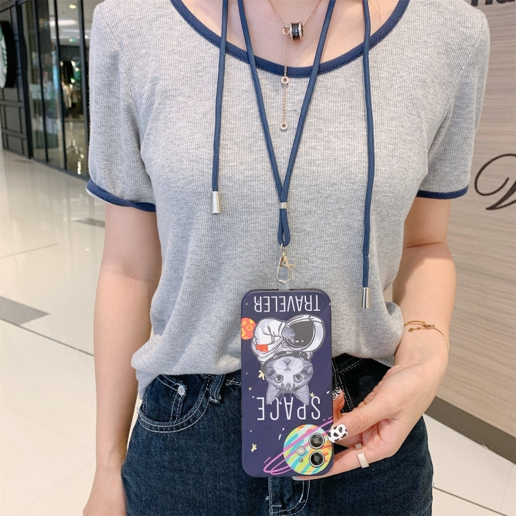 For iPhone 13 Space Cat Pattern IMD Shockproof Protective Case with Lanyard