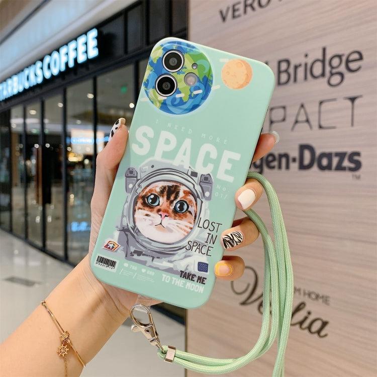 For iPhone 13 Pro Max Space Cat Pattern IMD Shockproof Protective Case with Lanyard