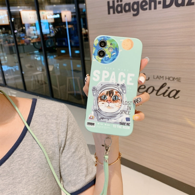 For iPhone 13 Pro Max Space Cat Pattern IMD Shockproof Protective Case with Lanyard