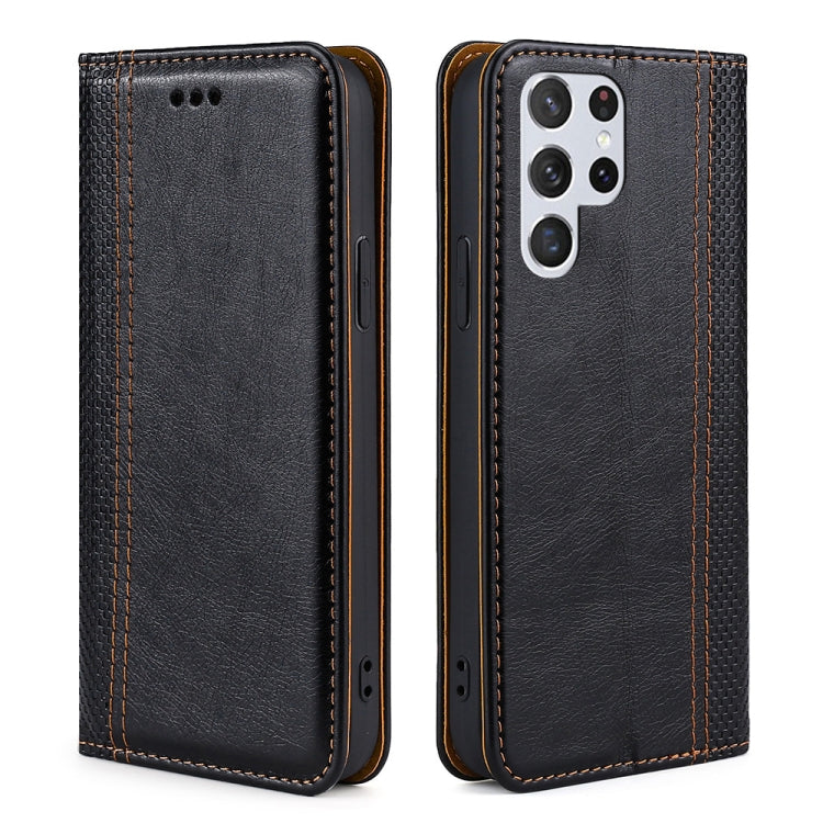 For Samsung Galaxy S22 Ultra 5G Grid Texture Magnetic PU + TPU Horizontal Flip Leather Case with Holder & Card Slot