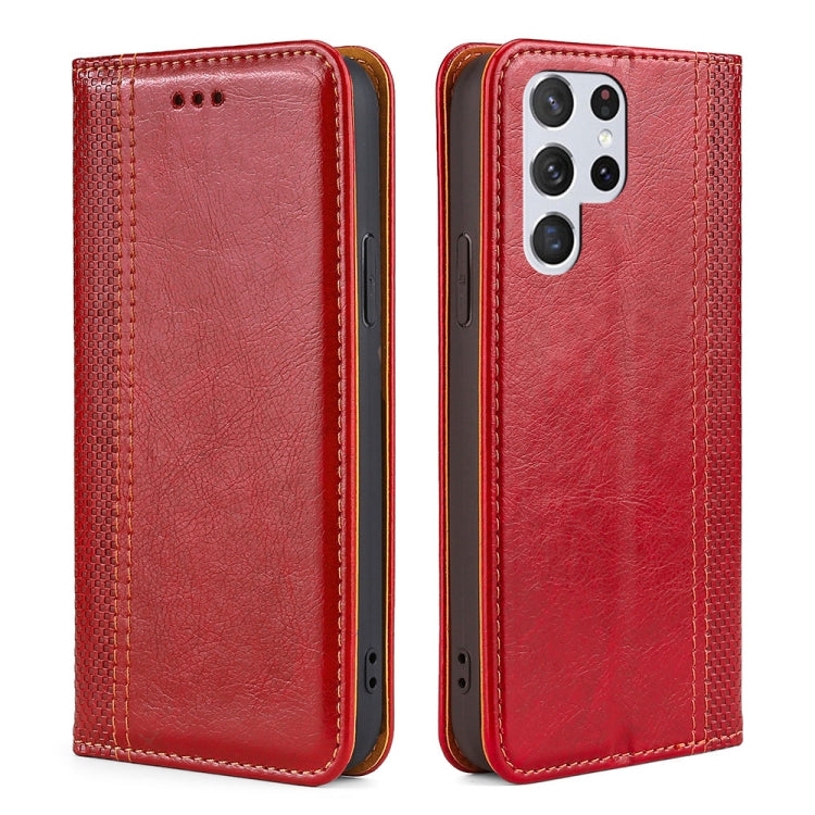 For Samsung Galaxy S22 Ultra 5G Grid Texture Magnetic PU + TPU Horizontal Flip Leather Case with Holder & Card Slot