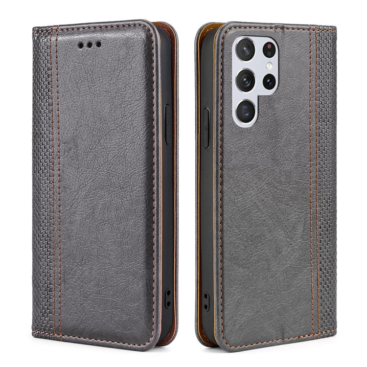For Samsung Galaxy S22 Ultra 5G Grid Texture Magnetic PU + TPU Horizontal Flip Leather Case with Holder & Card Slot
