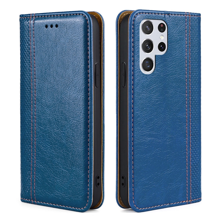For Samsung Galaxy S22 Ultra 5G Grid Texture Magnetic PU + TPU Horizontal Flip Leather Case with Holder & Card Slot