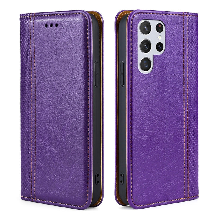 For Samsung Galaxy S22 Ultra 5G Grid Texture Magnetic PU + TPU Horizontal Flip Leather Case with Holder & Card Slot
