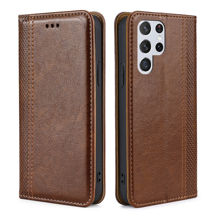 For Samsung Galaxy S22 Ultra 5G Grid Texture Magnetic PU + TPU Horizontal Flip Leather Case with Holder & Card Slot