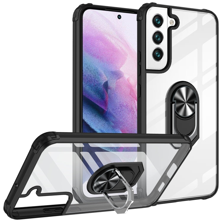 For Samaung Galaxy S22+ 5G Shockproof Transparent TPU + Acrylic Protective Case with Ring Holder