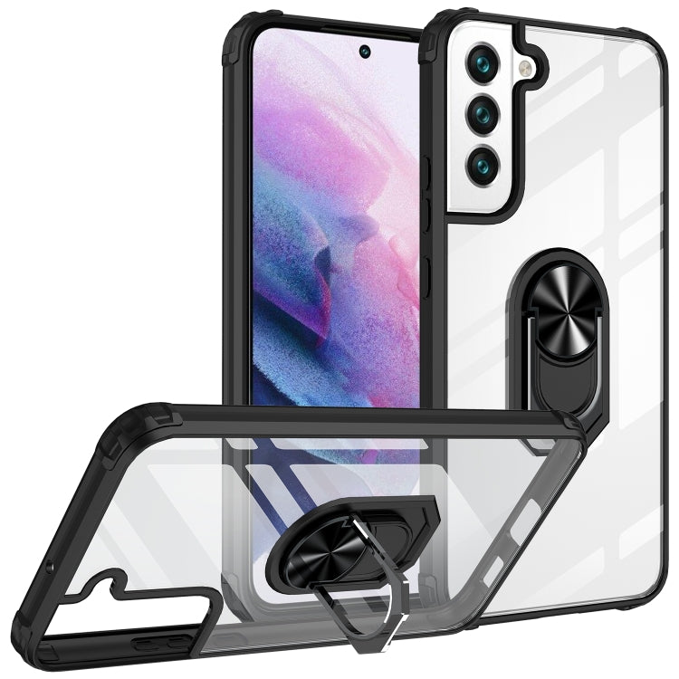 For Samaung Galaxy S22+ 5G Shockproof Transparent TPU + Acrylic Protective Case with Ring Holder
