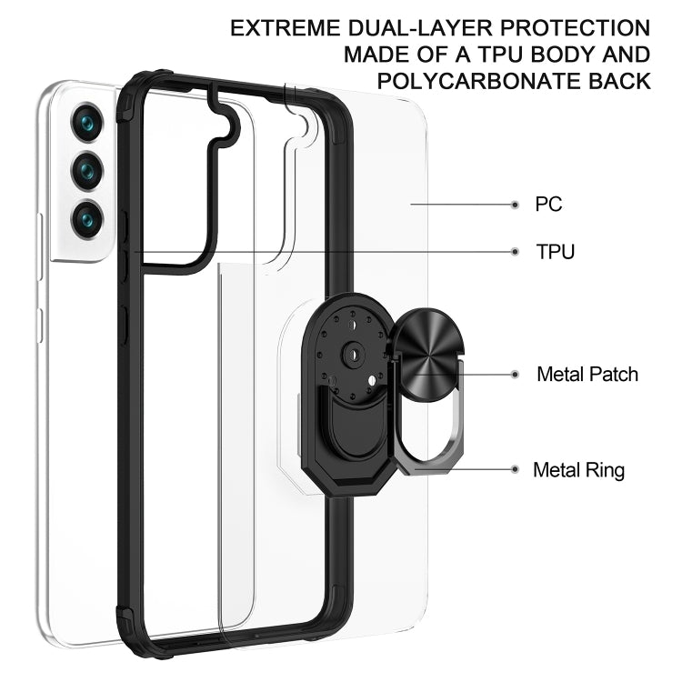 For Samaung Galaxy S22+ 5G Shockproof Transparent TPU + Acrylic Protective Case with Ring Holder