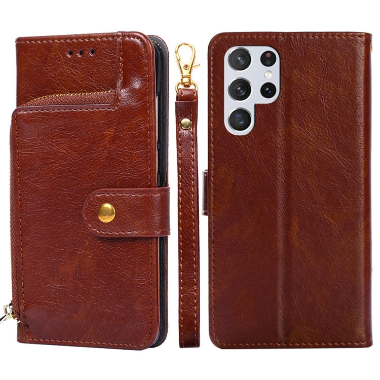 For Samsung Galaxy S22 Ultra 5G Zipper Bag PU + TPU Horizontal Flip Leather Case with Holder & Card Slot & Wallet & Lanyard