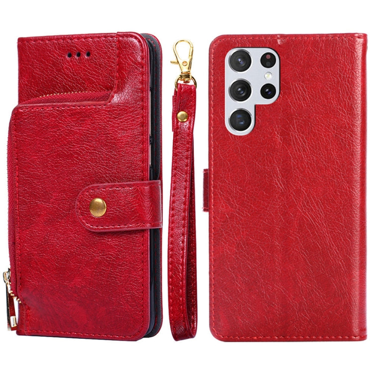 For Samsung Galaxy S22 Ultra 5G Zipper Bag PU + TPU Horizontal Flip Leather Case with Holder & Card Slot & Wallet & Lanyard
