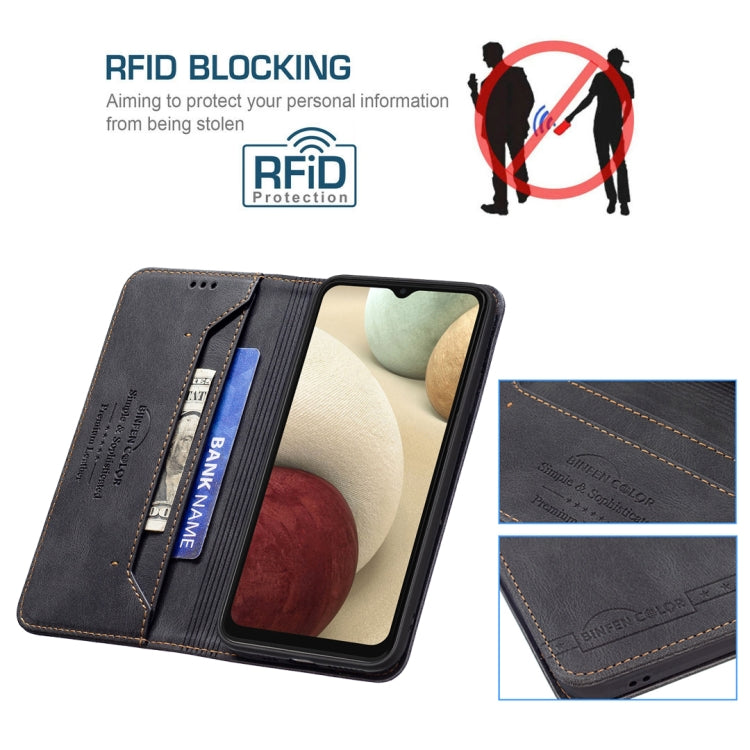 For Samsung Galaxy A12 Magnetic RFID Blocking Anti-Theft Leather Case with Holder & Card Slots & Wallet