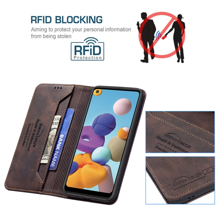 For Samsung Galaxy A21 Magnetic RFID Blocking Anti-Theft Leather Case with Holder & Card Slots & Wallet
