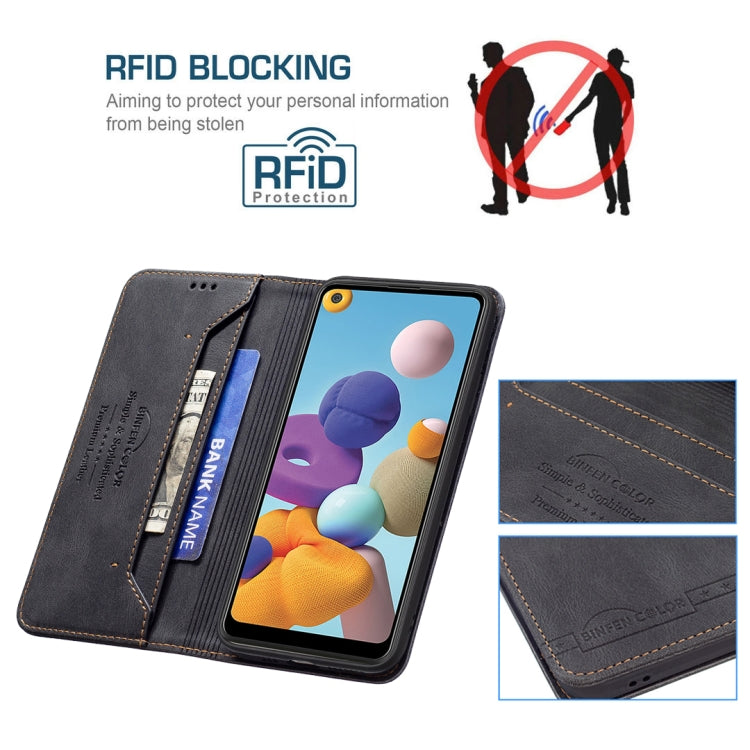 For Samsung Galaxy A21 Magnetic RFID Blocking Anti-Theft Leather Case with Holder & Card Slots & Wallet