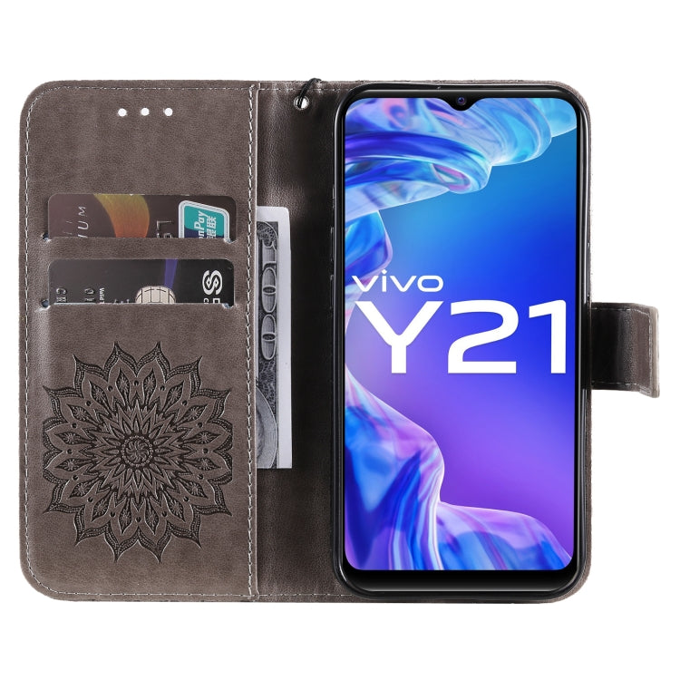 For vivo Y21/Y21s/Y33s Pressed Printing Sunflower Pattern Horizontal Flip PU Leather Case with Holder & Card Slots & Wallet & Lanyard