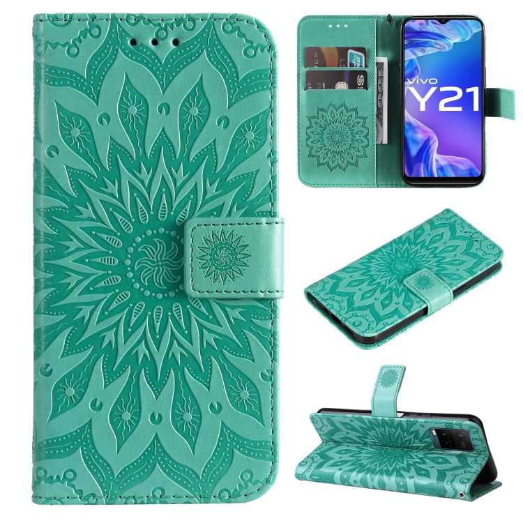 For vivo Y21/Y21s/Y33s Pressed Printing Sunflower Pattern Horizontal Flip PU Leather Case with Holder & Card Slots & Wallet & Lanyard