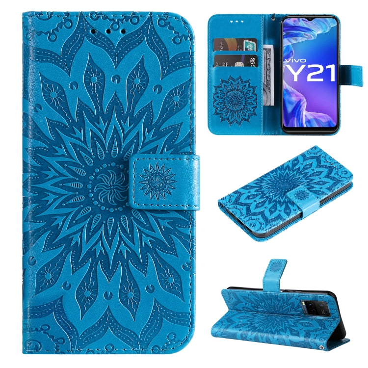 For vivo Y21/Y21s/Y33s Pressed Printing Sunflower Pattern Horizontal Flip PU Leather Case with Holder & Card Slots & Wallet & Lanyard