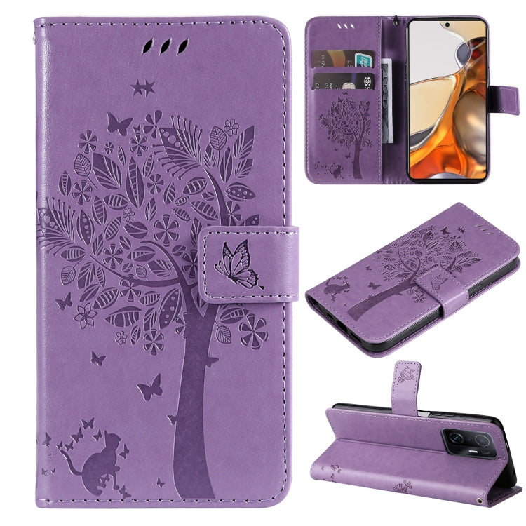 For Xiaomi 11T / 11T Pro Tree & Cat Embossing Pattern Horizontal Flip PU Leather Case with Holder & Card Slots & Wallet & Lanyard