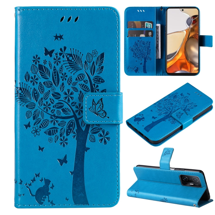For Xiaomi 11T / 11T Pro Tree & Cat Embossing Pattern Horizontal Flip PU Leather Case with Holder & Card Slots & Wallet & Lanyard