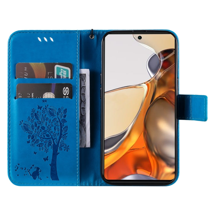 For Xiaomi 11T / 11T Pro Tree & Cat Embossing Pattern Horizontal Flip PU Leather Case with Holder & Card Slots & Wallet & Lanyard