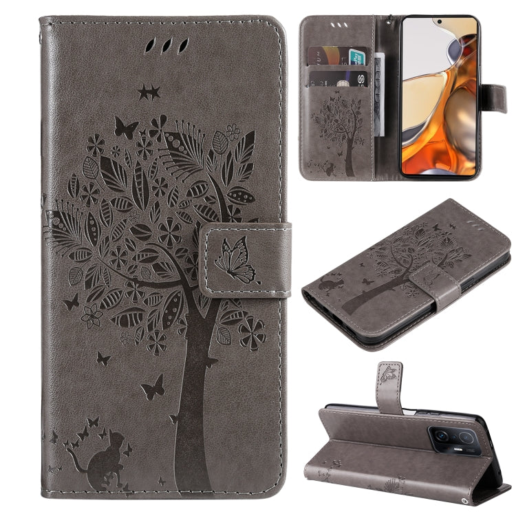 For Xiaomi 11T / 11T Pro Tree & Cat Embossing Pattern Horizontal Flip PU Leather Case with Holder & Card Slots & Wallet & Lanyard